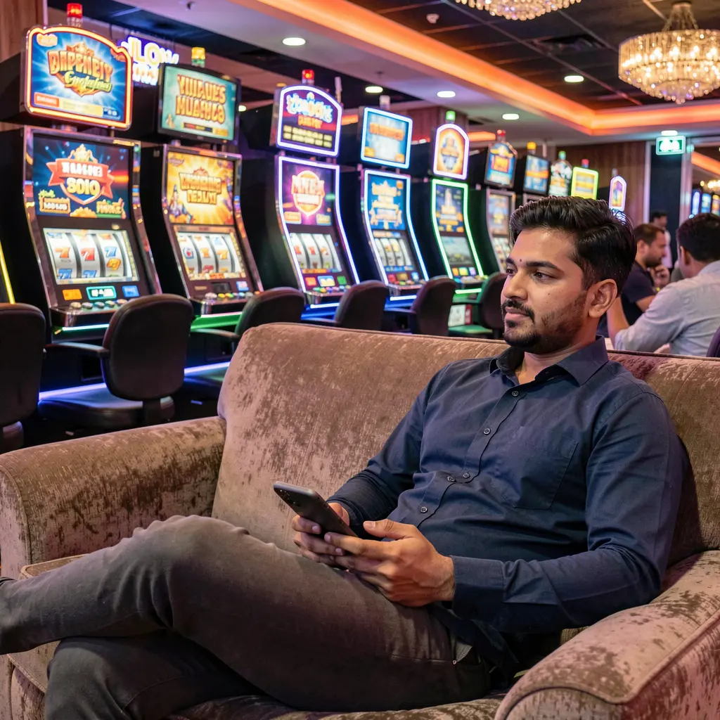 Stylish Indian player relaxing on a sofa while using the IS77 casino app with bright slot machines and neon lights behind him