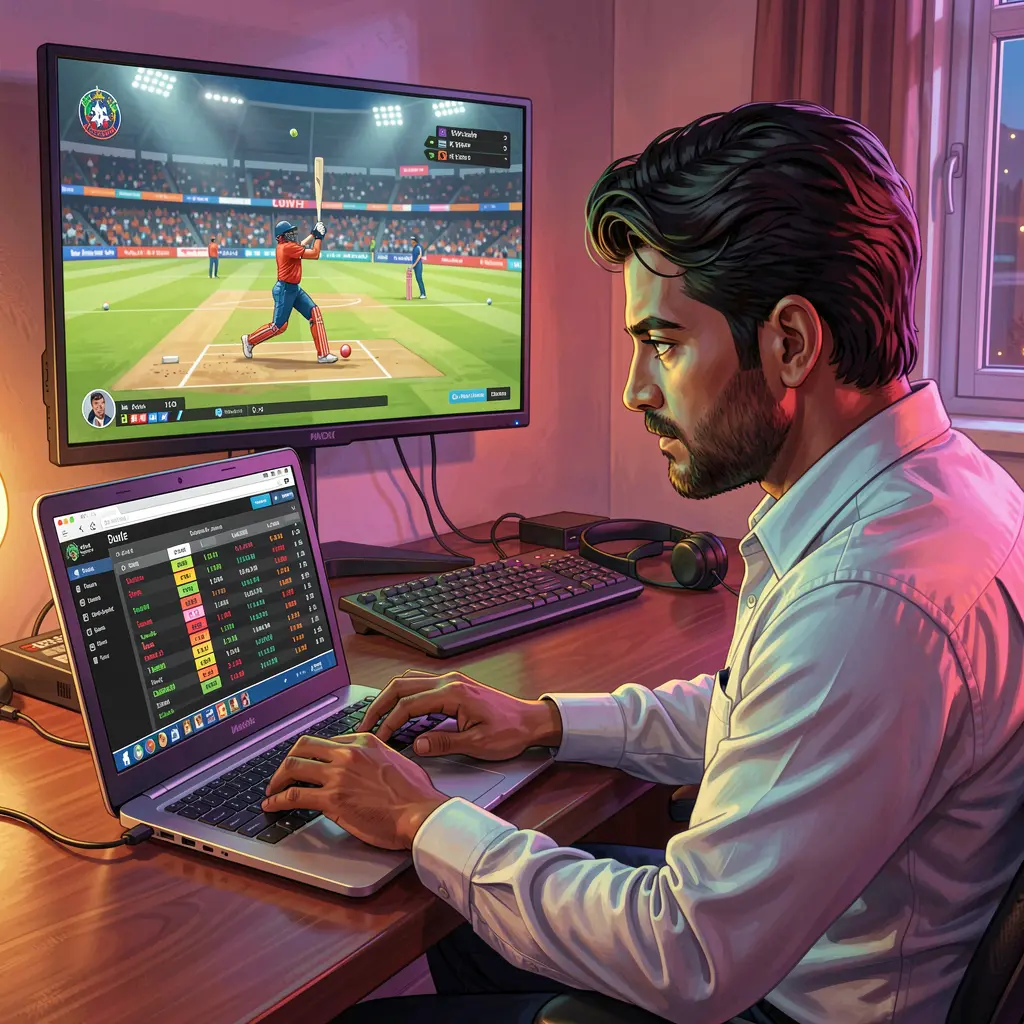 Focused Indian player placing live cricket bets on a laptop with the IS77 platform while watching a match on TV in a colorful home setting