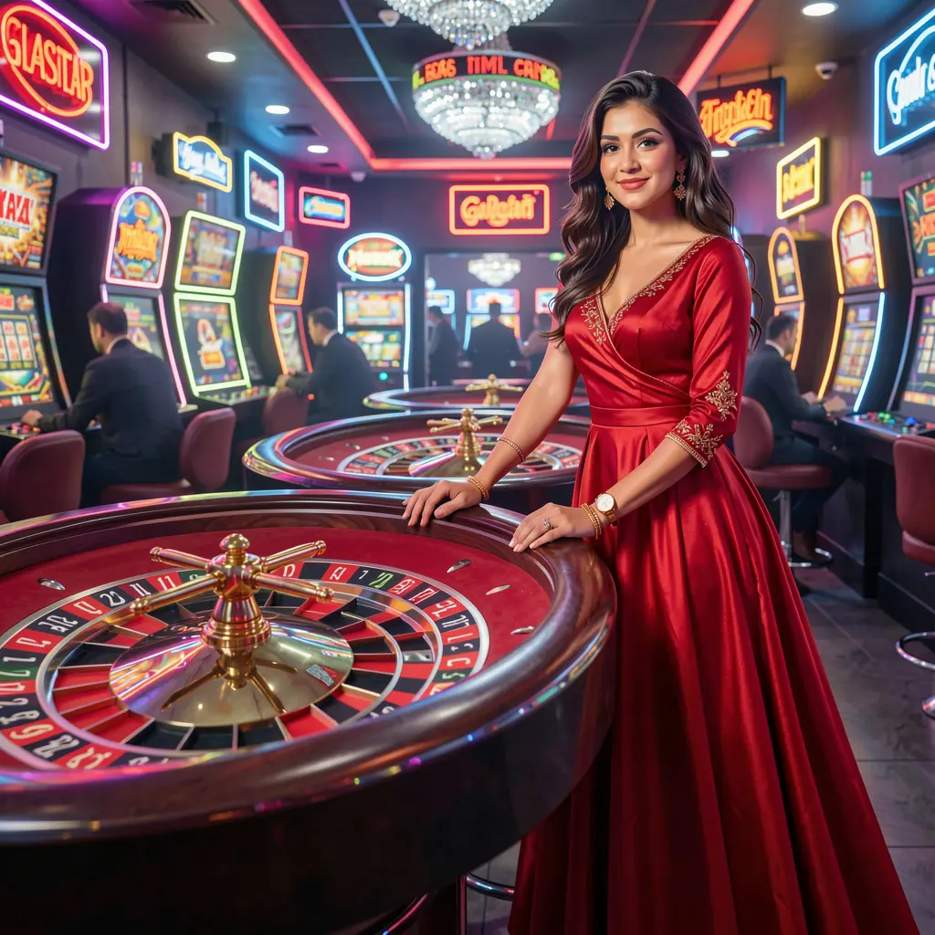 Stylish Indian woman in a glamorous red dress standing at the edge of a futuristic roulette table inside the IS77 live casino atmosphere
