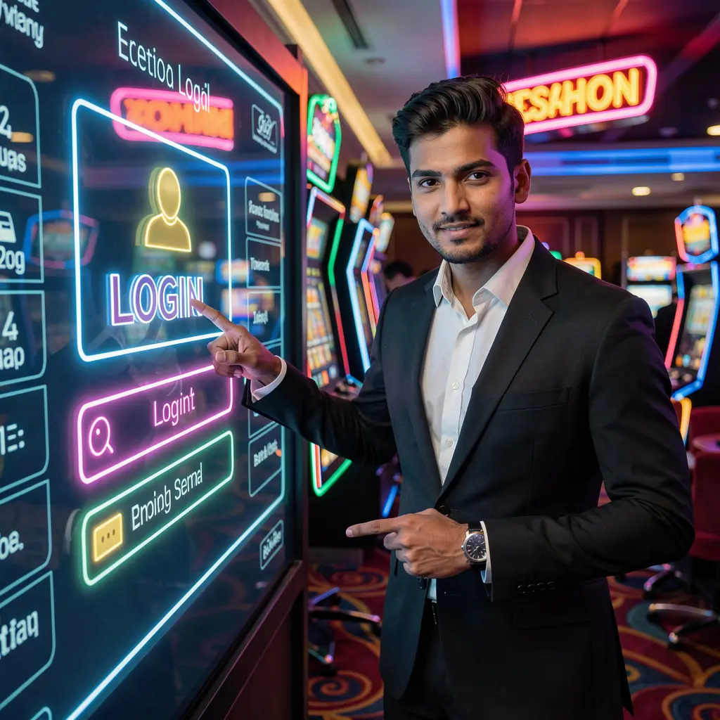 Modern IS77 login interface with an Indian professional pointing at the screen inside a vibrant casino atmosphere